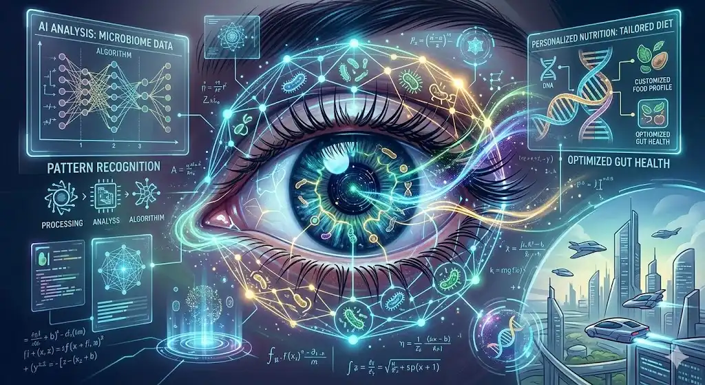 Futuristic eye scan with digital microbiome data overlays