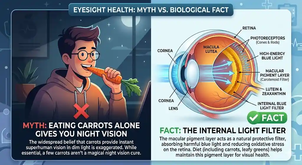 Eye Health Myths vs Facts: Carrot myth and Blue light shield diagram