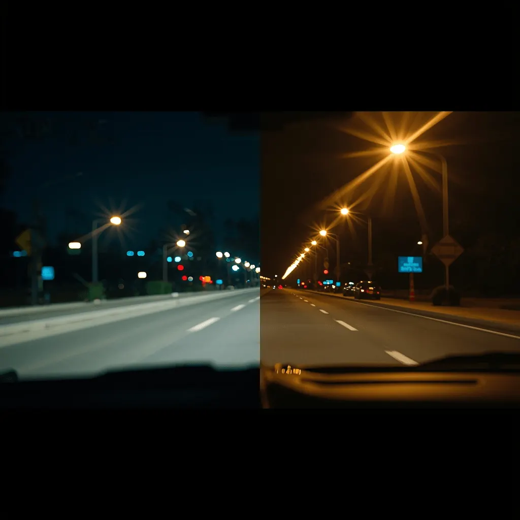 Split view of night driving vision: Blurry with glare vs clear vision